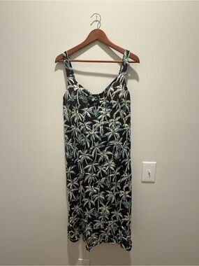 VTG Y2K Tropical Palm Print Cotton Slip Dress Brown Teal Blue Summer Sz L